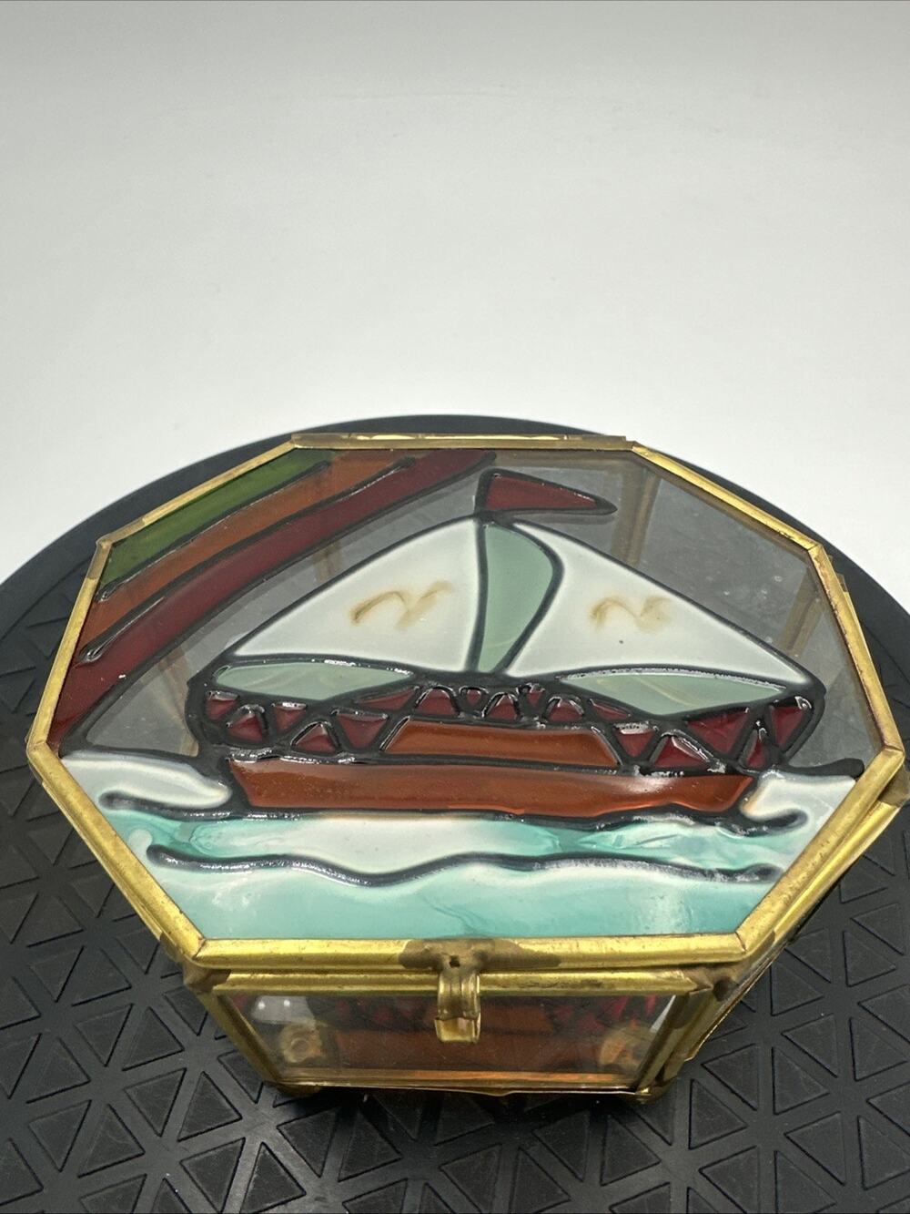 Vintage Stained Glass Sailboat Brass Trimmed Mirror Trinket Jewelry Box Taiwan